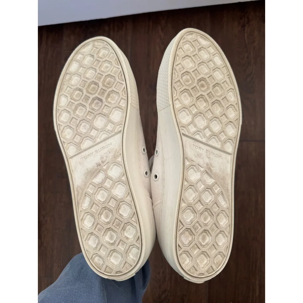 Tory Burch Howell High Top Sneakers White Canvas Black Logo Womens 7M
